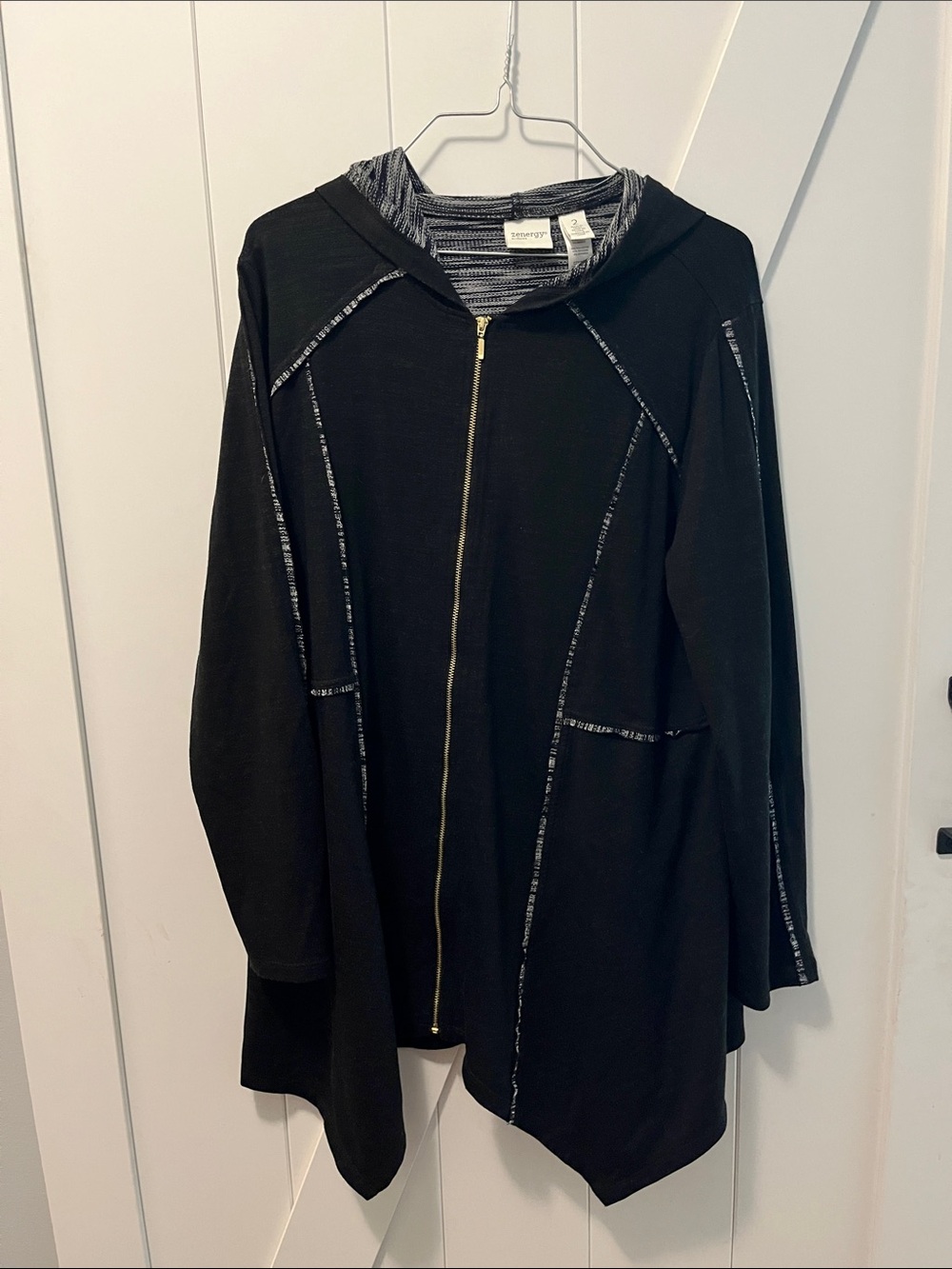 Black Hooded Zip-Front Utility Jacket with Contrast Trim